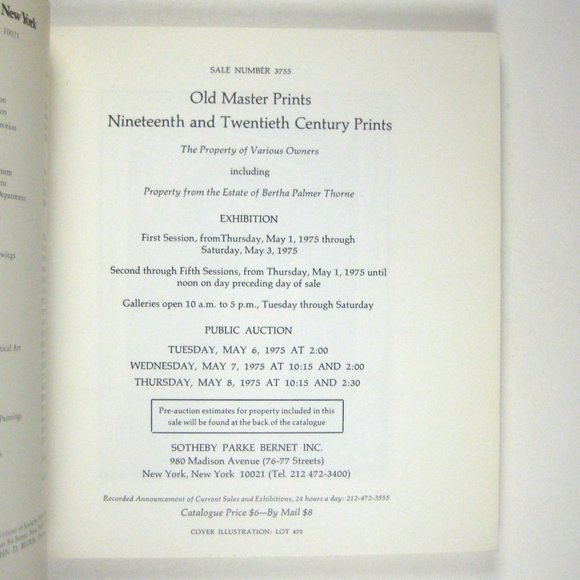 Sotheby Parke Auction Catalog May 1975 Old Master Prints 19th 20th Century 3755 - Picture 2 of 8